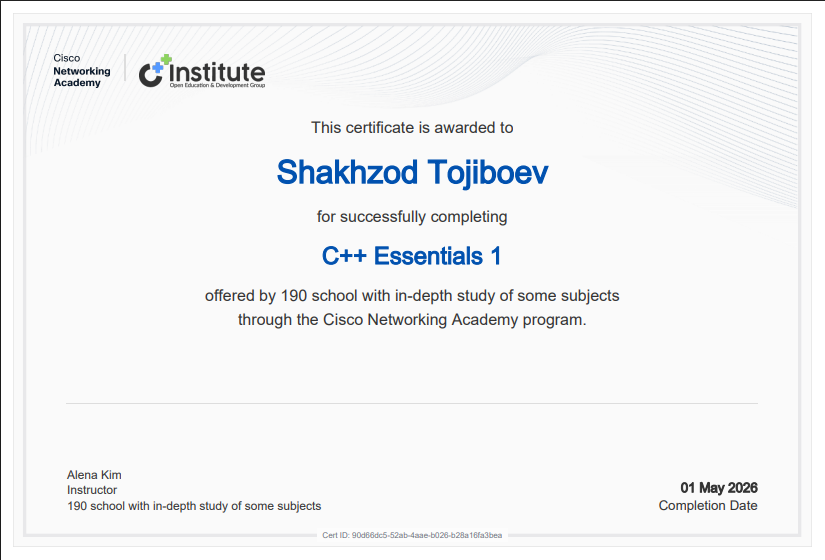 C++ Essentials 1 Certificate